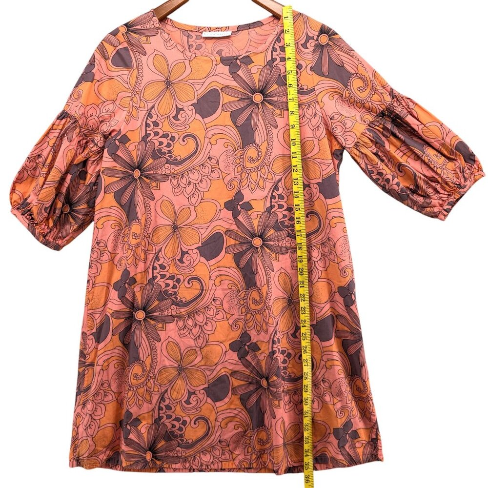 Bryn Walker Mini Shirt Dress Orange Pink Floral Puff Sleeve Peasant Boho Size S - Picture 6 of 9
